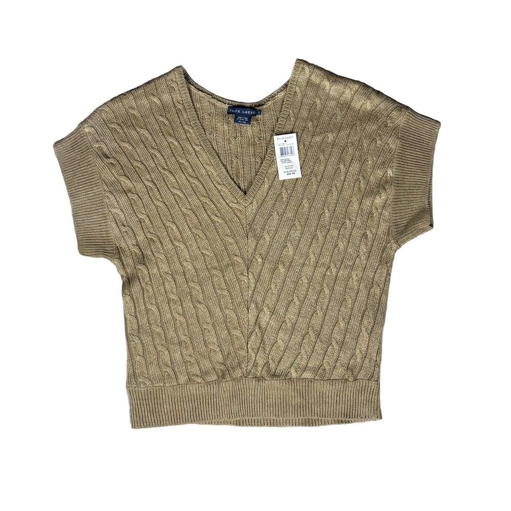 Ralph Lauren Cable Knit V-Neck Short Sleeve Sweater Top L Tan Melange Linen